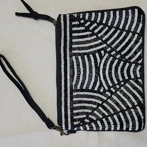 Natasha Couture Brand Black & White Beaded Wristlet/Clutch Bag Zip Closure